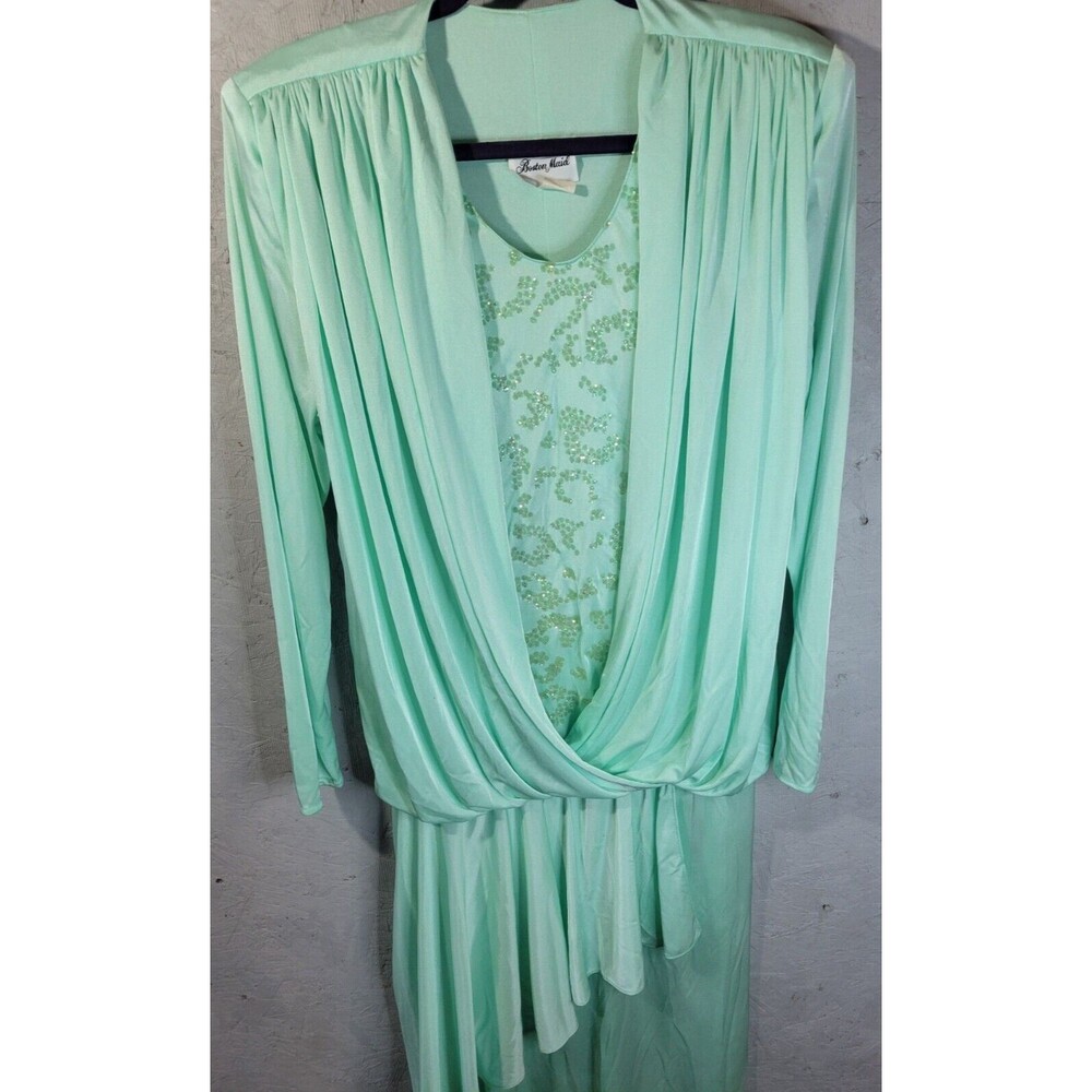 Vintage 80s Boston Maid Green Pleated Long Sleeve Dress Womens SZ 10